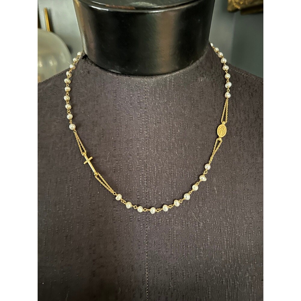 Gold plated 925 Sterling Silver Pearl Rosary necklace